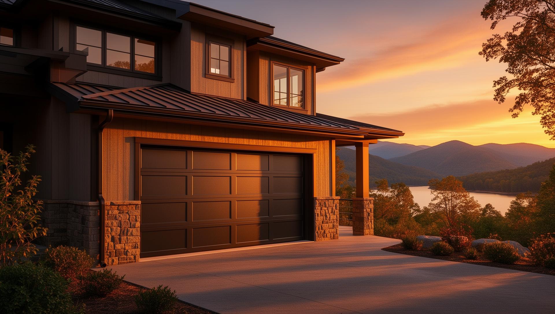 Premium steel garage door installed on modern Western North Carolina home